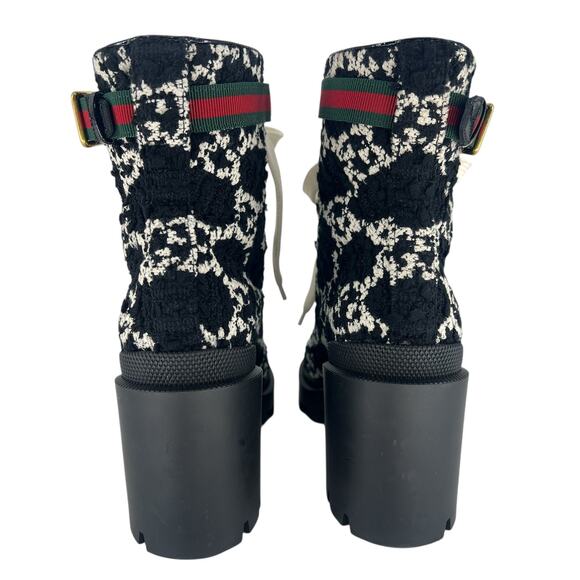Gucci Tweed GG Monogram Lace Up Combat Ankle Boots - Picture 12 of 15
